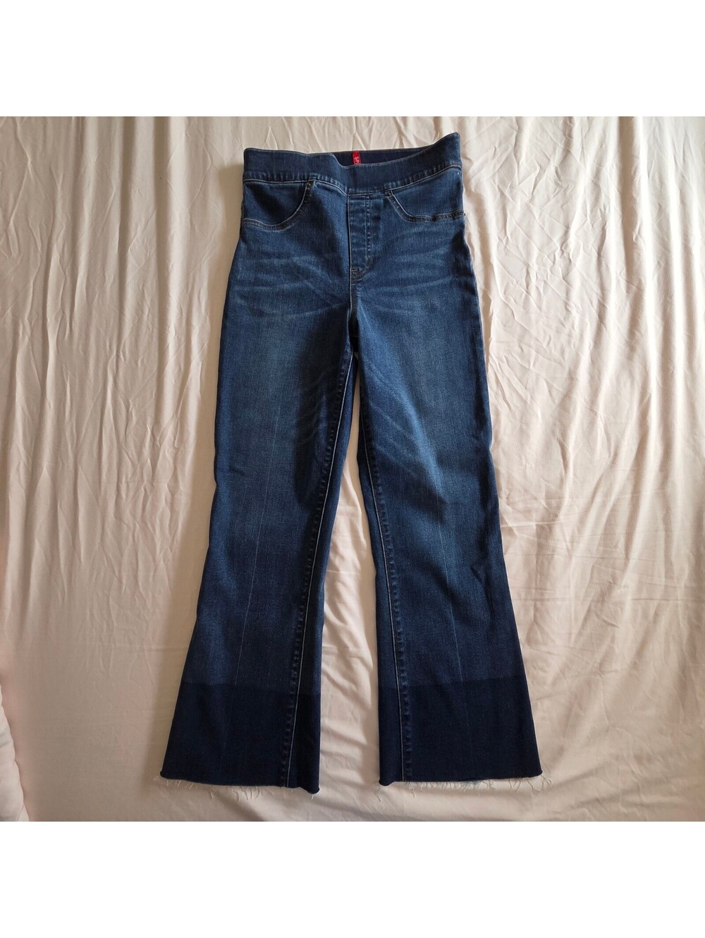 Spanx Dark Blue Flared Jeans with Raw Hem Size Small